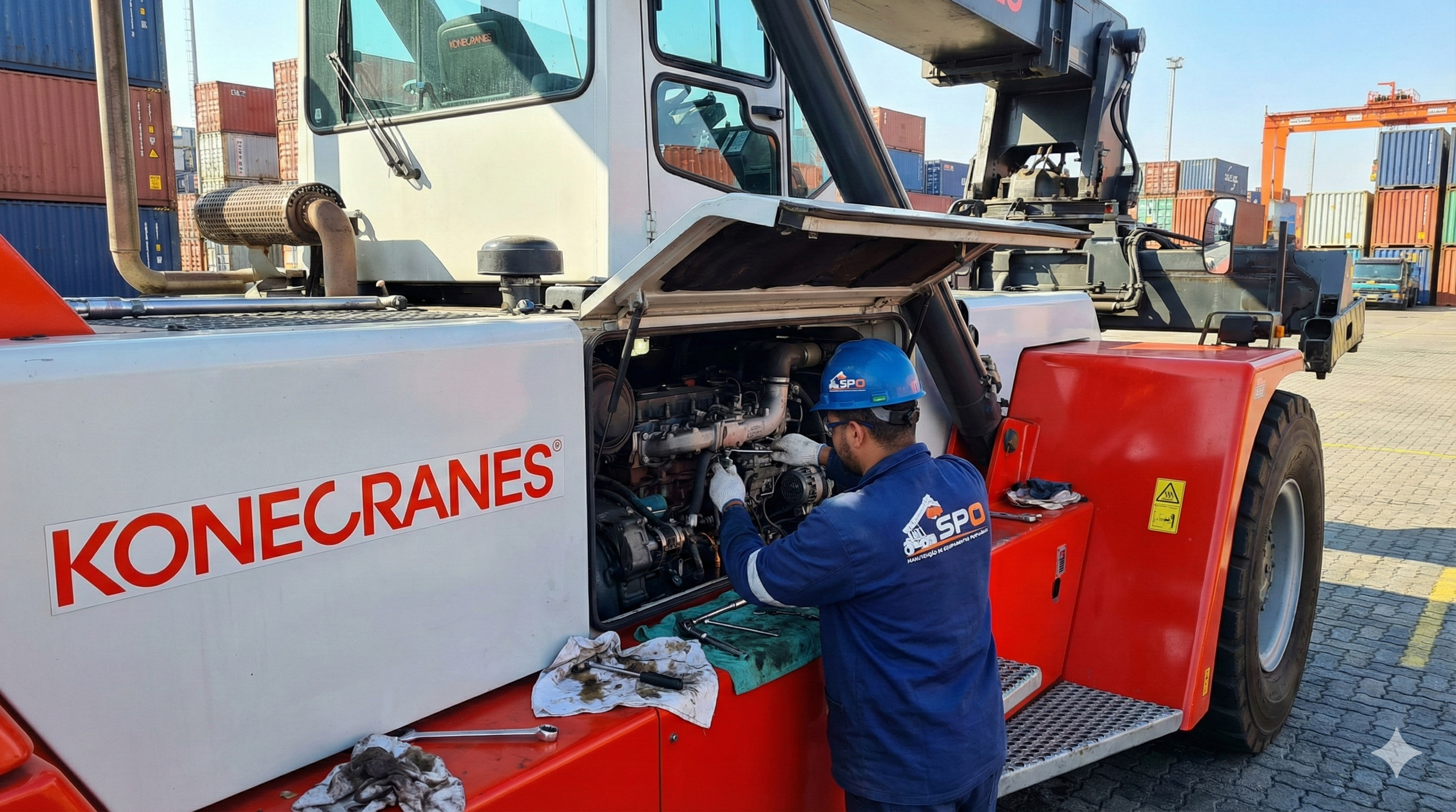 Equipe SPO em manutenção de reach stacker