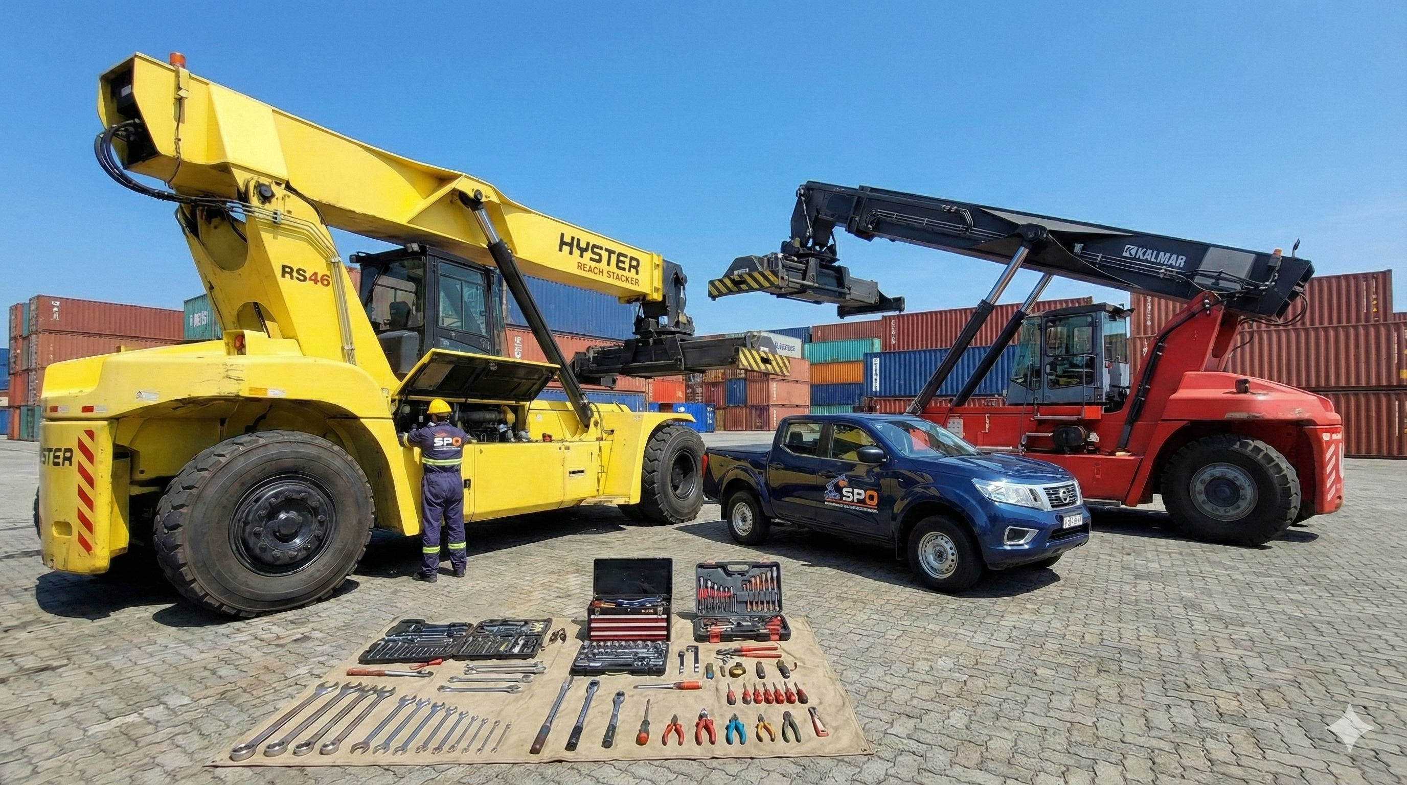 Reach stacker em manutenção hidráulica